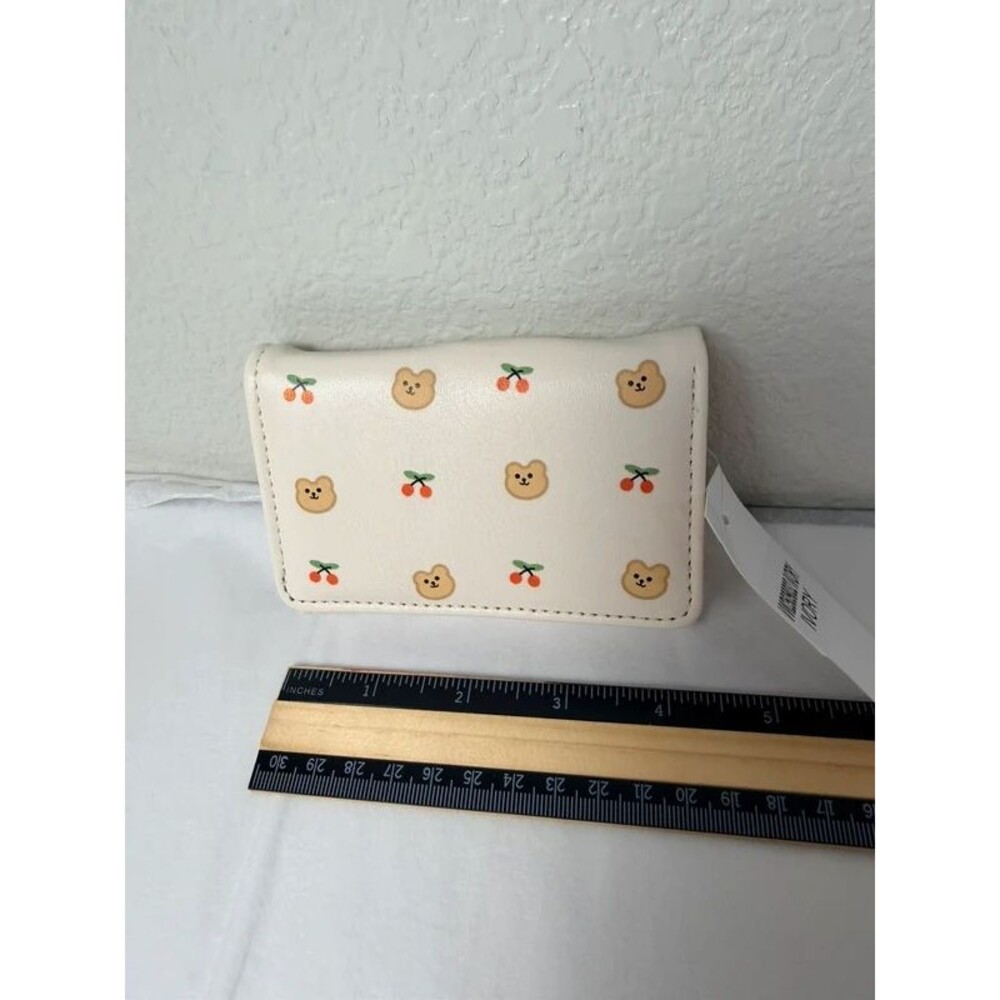 Cute Ivory Bear & Cherry Print Mini Wallet NWT